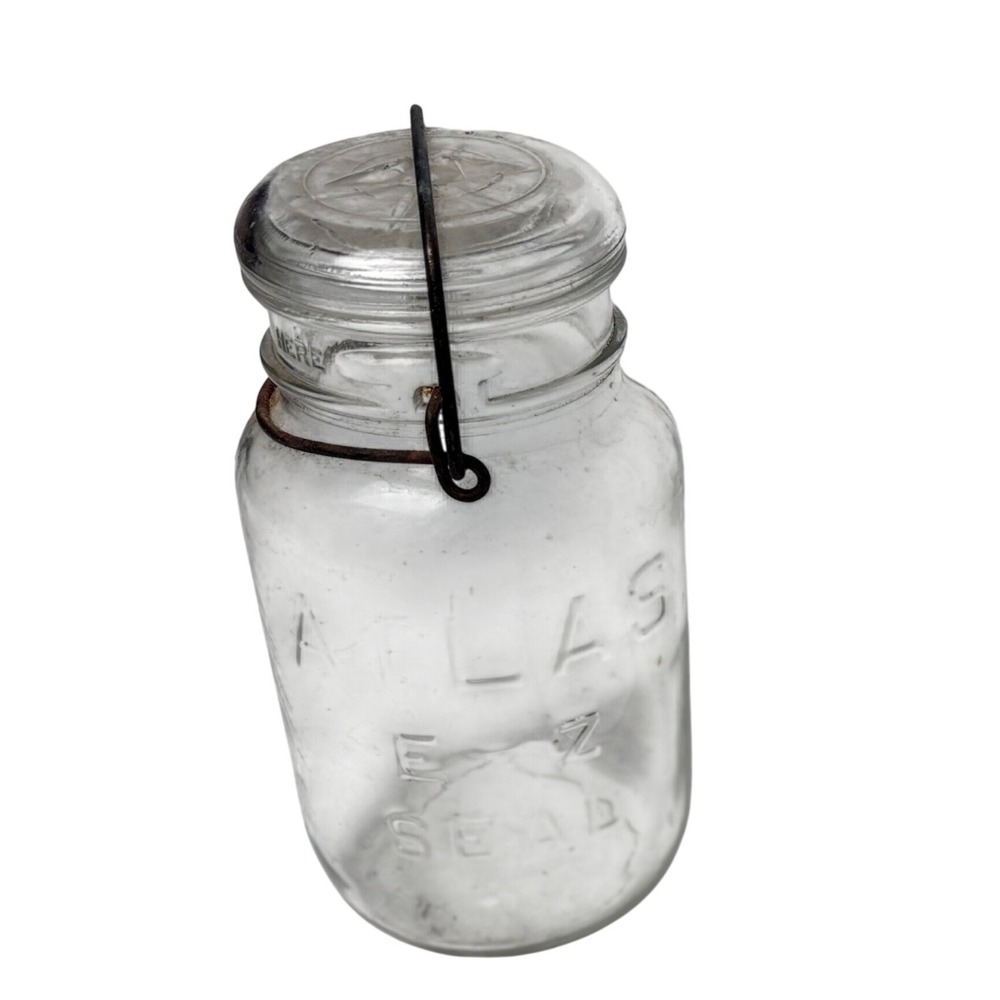 Vintage Atlas E-Z Seal Clear Glass Canning Jar with Wire Bail‎ & Glass Lid 7.5in